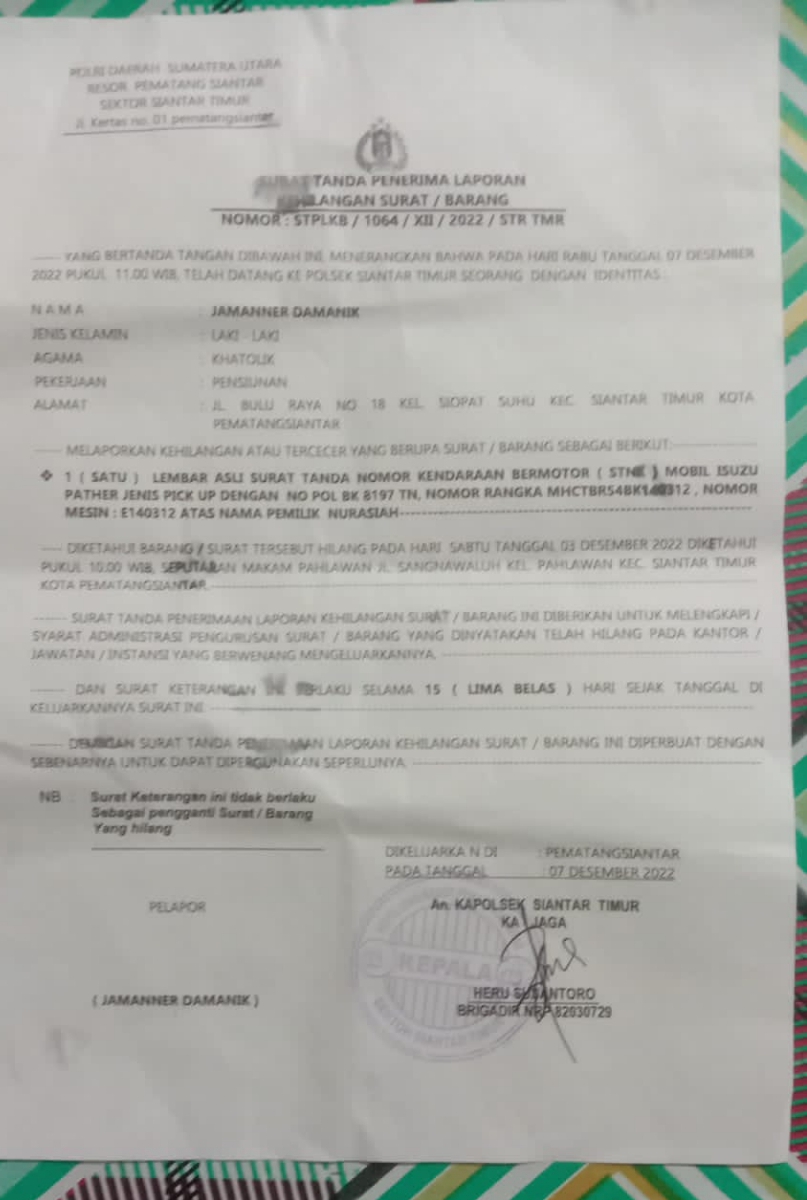 Surat Pengaduan Kehilangan STNK mobil Isuzu Panther yang dilaporkan ke Polisi